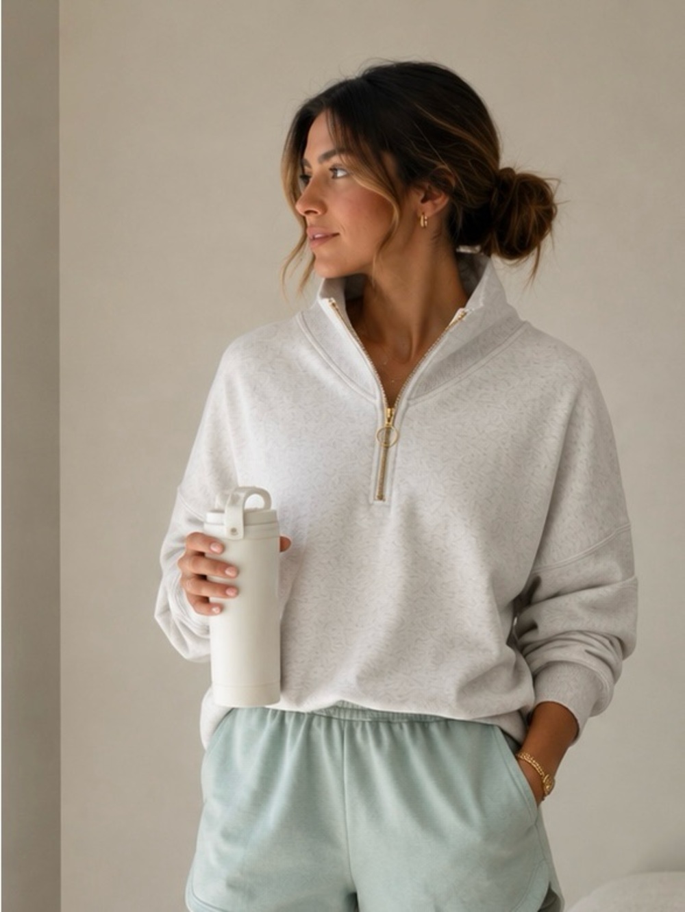 Athleta Women's Cream Quarter-Zip Pullover Sweatshirt with Gold Zipper